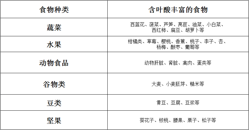 食物葉酸對照表